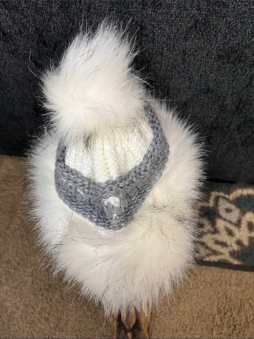 Knit Faux Fur Pom Trapper Hat - White and Gray - Picture 5 of 5